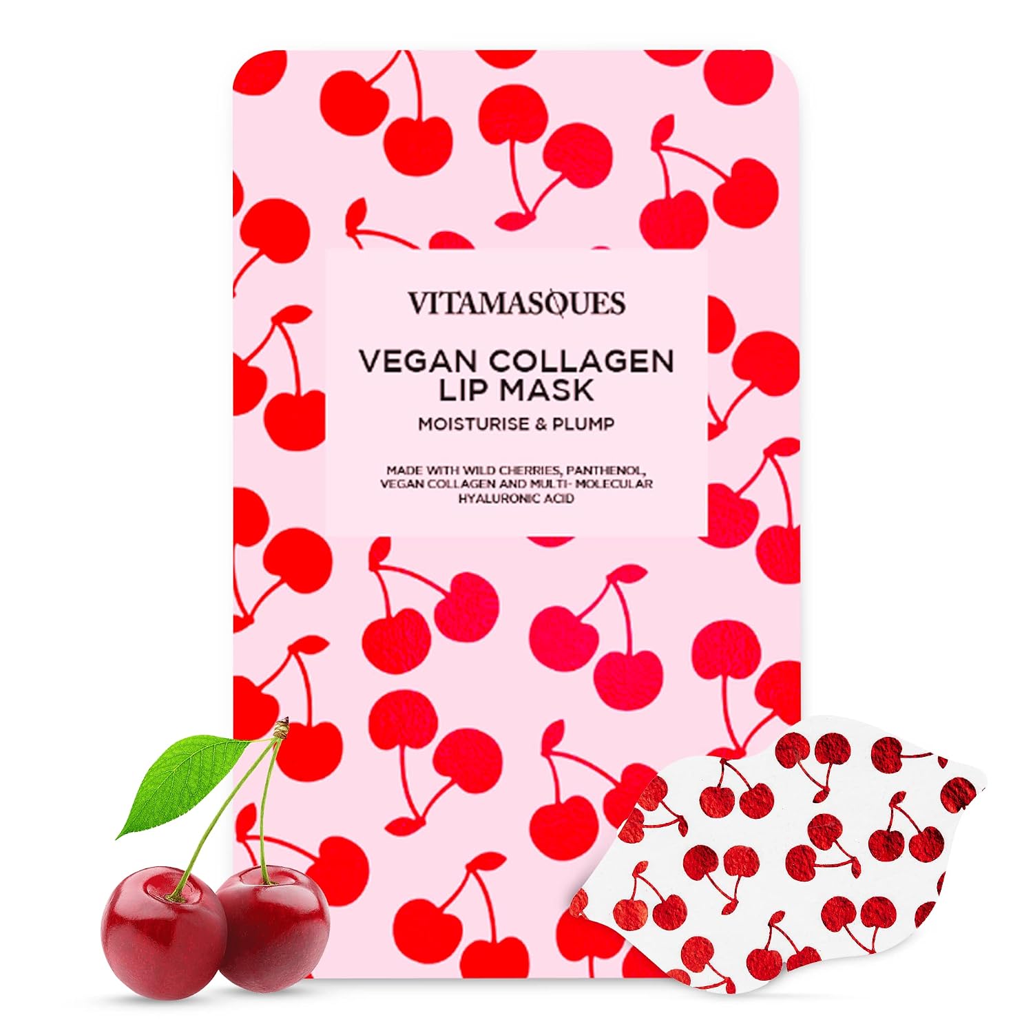 Vitamasques Lip Mask, 3-Pack - Cherry Vegan Collagen Lip Mask Sheets, Repair for Dry &amp; Chapped Lips - Nourishing &amp; Hydrating - Wild Cherries
