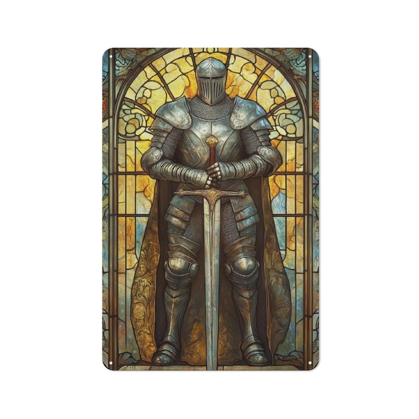 Junmoney Style-4 Medieval Knight Armor Stained Glass Smart Metal Wall Decor 30X20cm, Office Metal Sign For Office, Study, Studio Or Hallway