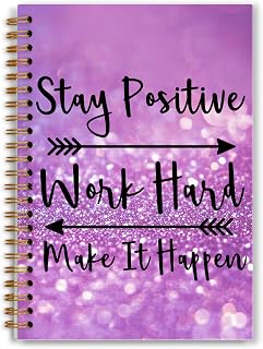 Glitter Purple Inspirational Notebook, Positive Quotes Journal, Motivational Journals for Women, Stay Positive Work Hard Make It Happen Spiral Notebooks 5.5x8.3 Inch