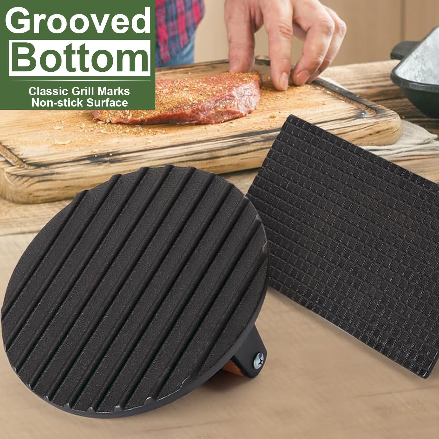 Ensemble de Presse à Burger en Fonte Polyvalent - Forme Ronde & Rectangulaire pour Écraser la Viande avec Poignées en Bois pour Planchas, Sandwichs, et Plus Encore