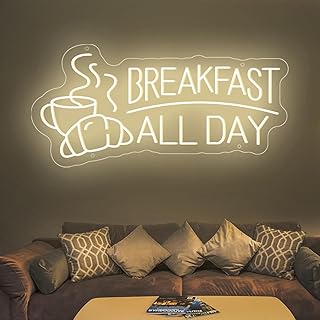 Breakfast All Day Neon Sign, LED Neon Sign for Breakfast Shop Decor, Restaurant, Food Track Shop, Home, Theatre Lobby, Music Party, Breakfast and Lunch Neon Sign, 19.7"W x 9.4"H