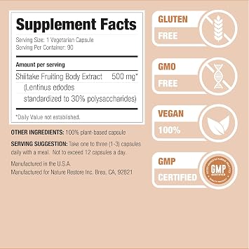 Nature Restore Shiitake Mushroom Extract Supplement, 90 Capsules, High 30% Polysaccharide Concentration, Non-GMO, Gluten Free