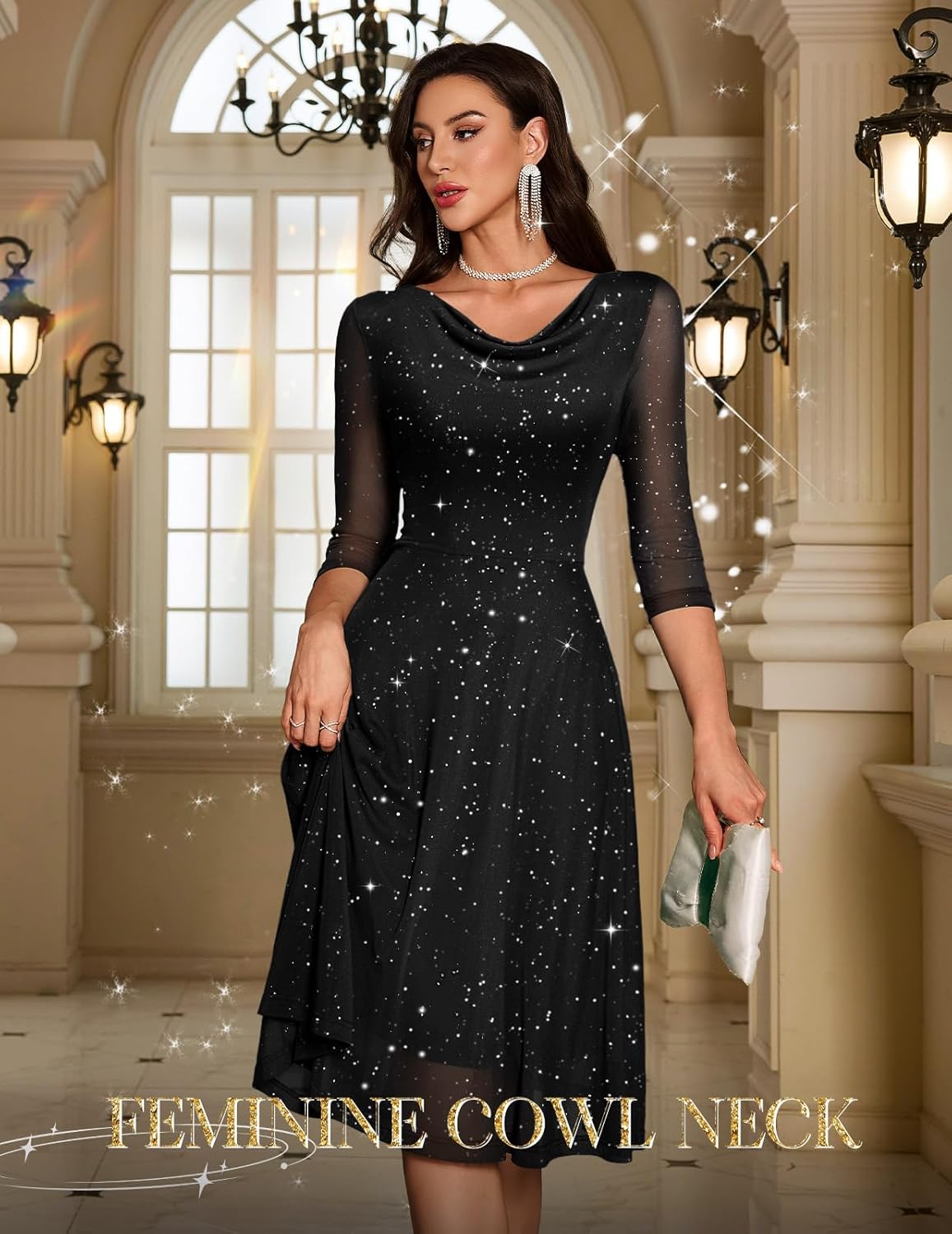 DRESSTELLS Cocktail Dress for Women, Sparkly Cowl Neck 3/4 Sleeves Wedding Guest Dresses 2026 - Image 2