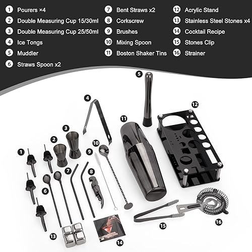 Miniatura 9 de Juego de coctelera, 23 piezas Boston de acero inoxidable con soporte acrílico y folleto de recetas de cócteles, herramientas profesionales para