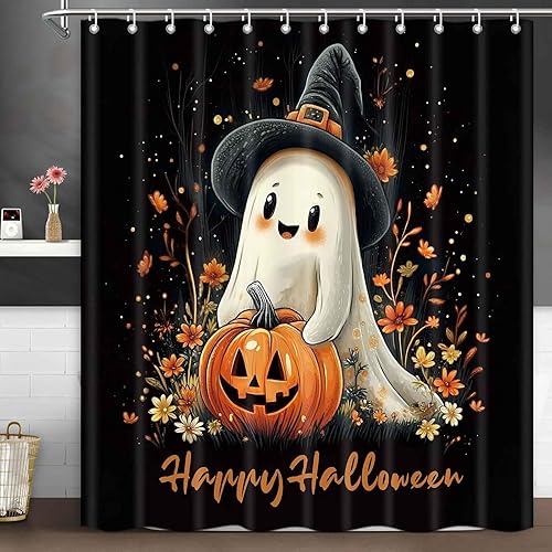Miniatura 4 de Cortinas de ducha de Halloween para baño, bonito juego de cortinas de baño de calabaza fantasma, cortina de ducha floral de otoño y otoño, tela