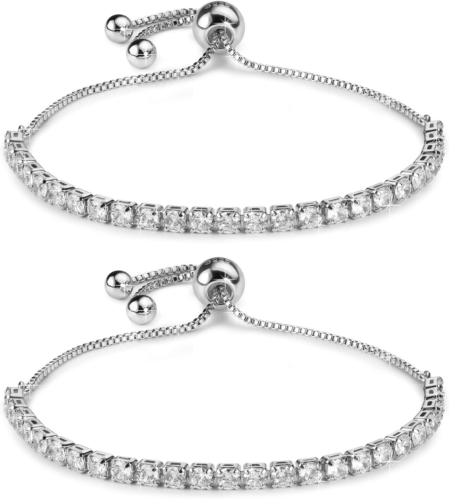 J.Fée Sterling Silver Bracelet, S925 Tennis Bracelet with Sparkling 5A Cubic Zirconia Adjustable Bracelet for Mother Day to Women Lady Girls, 2Pcs