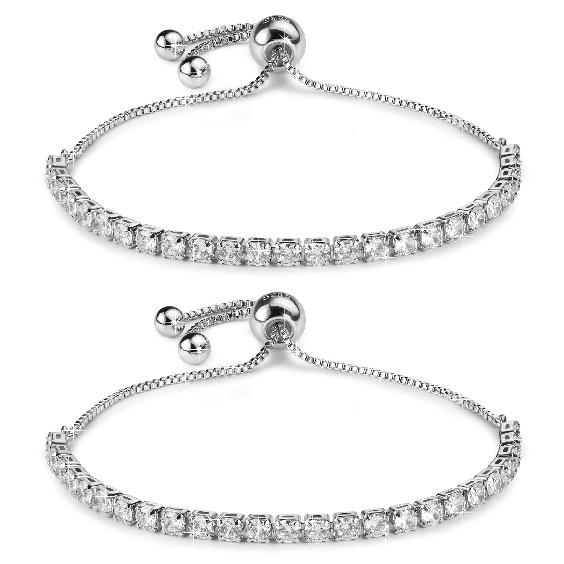 J.Fée Sterling Silver Bracelet, S925 Tennis Bracelet with Sparkling 5A Cubic Zirconia Adjustable Bracelet for Mother Day to Women Lady Girls, 2Pcs