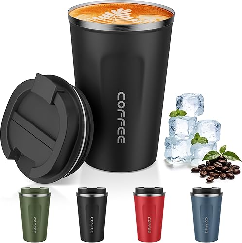 MOMSIV Taza de viaje de 12 onzas, taza de café aislada con tapa a prueba de fugas, vaso reutilizable de doble pared de acero inoxidable al vacío
