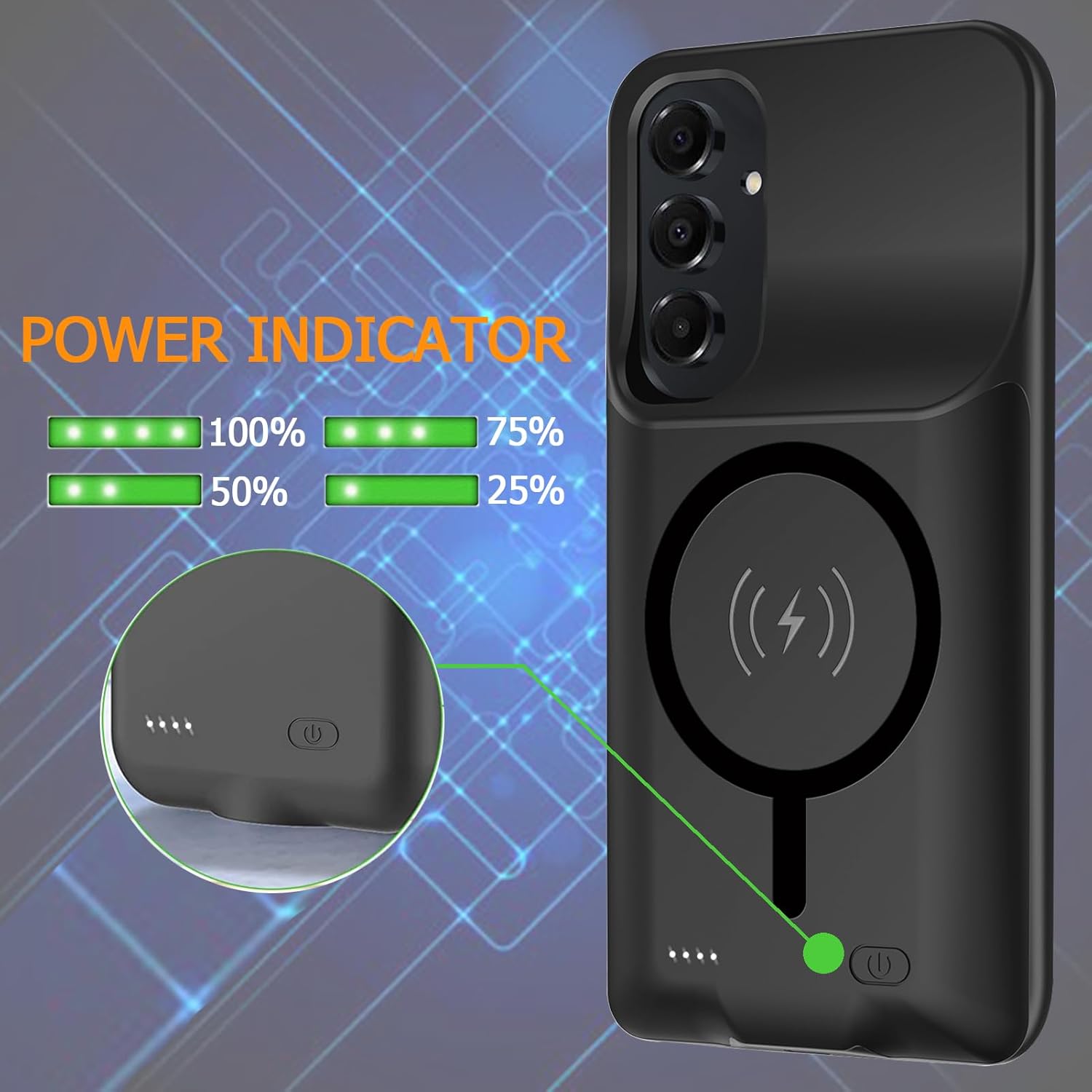 Battery Case for Galaxy A15, Full Encircle 10000mAh Capacity Rechargeable Portable Charger Case Extended Battery Pack for Galaxy A15(6.5 inch) Wireless Charging Cover with Carplay-Black