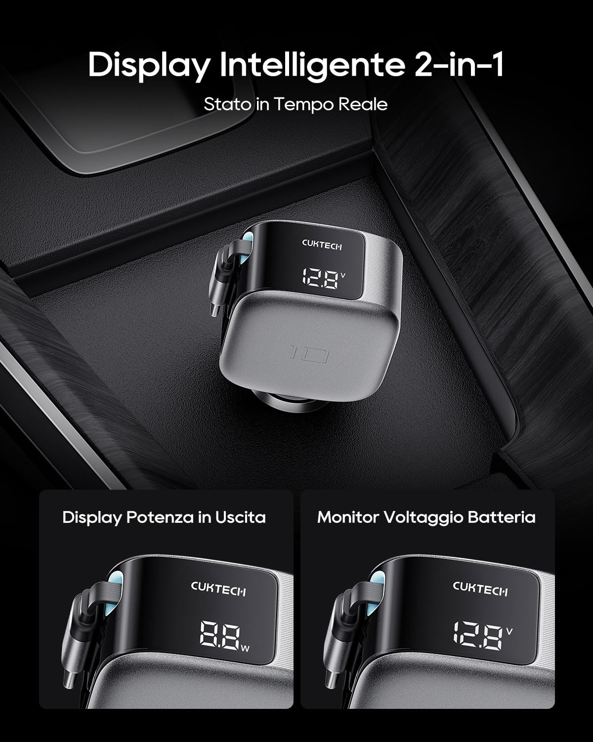 CUKTECH 85W Retrattile Caricatore Auto, Caricabatteria Accendisigari USB C 3 Porta (2C1A) Ricarica Rapida Compatibile con iPhone 17 Pro Max Air/iPhone 16/15/14, Galaxy S25/24, MacBook, iPad Pro