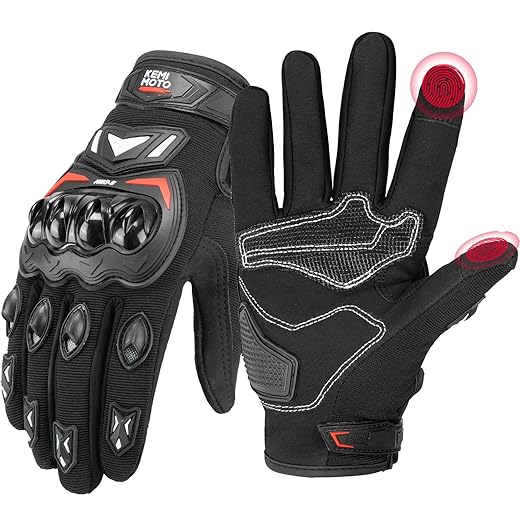 kemimoto Motorcycle Gloves for Men Women, Summer Motorcycle Riding Gloves, Touchscreen Breathable Motorbike Gloves for Motorcross Racing BMX MTB Cycling with Hard Knuckle (Black, Large)