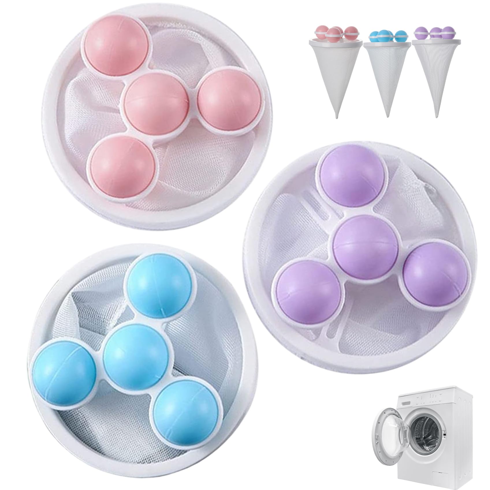 Latemeia 3-Pack Lint Catcher for Washing Machine, Reusable Washer Lint Trap with Mesh Bags for Pet Hair Remover