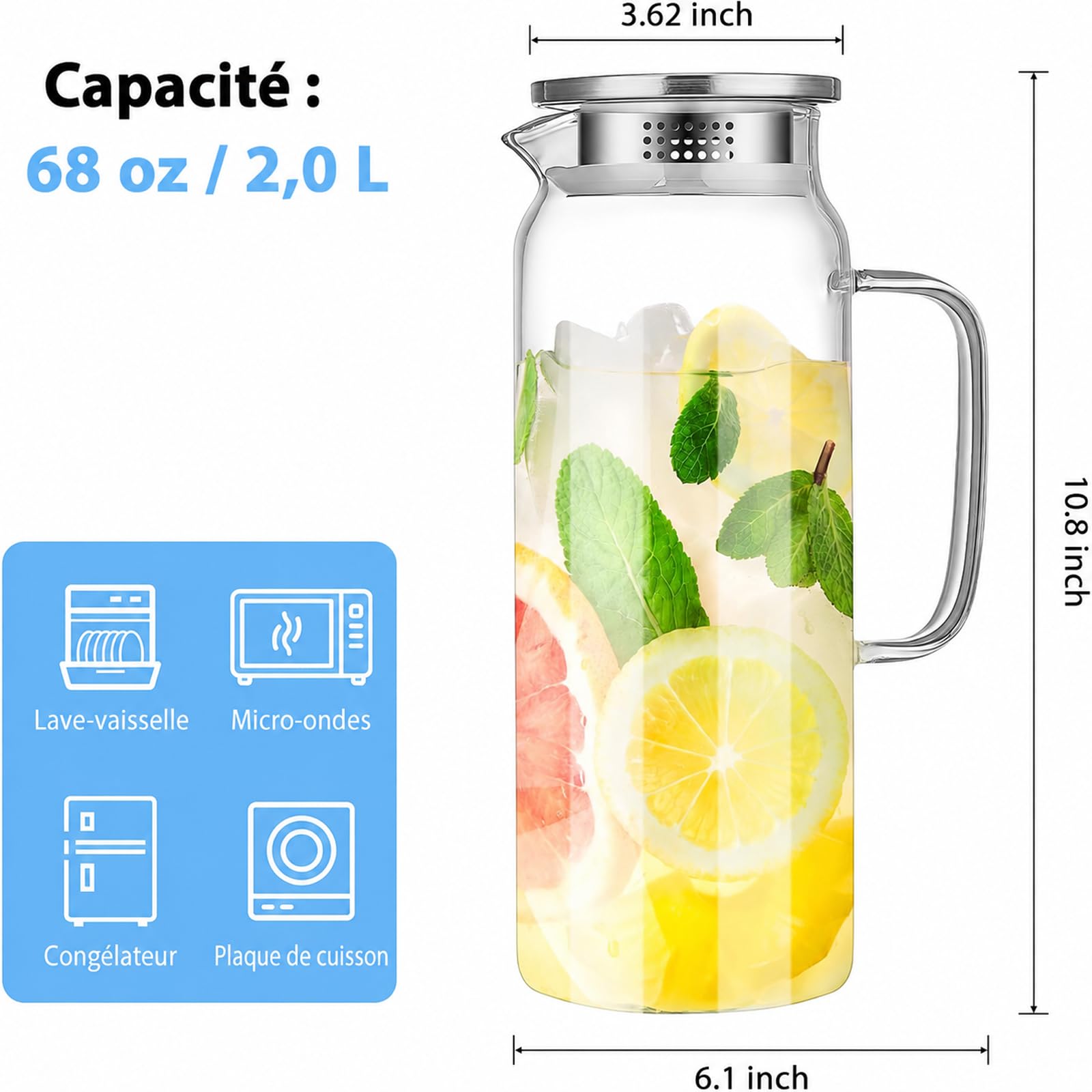 Lot de 2 Carafes en Verre Borosilicate 2 L avec Couvercles Inox