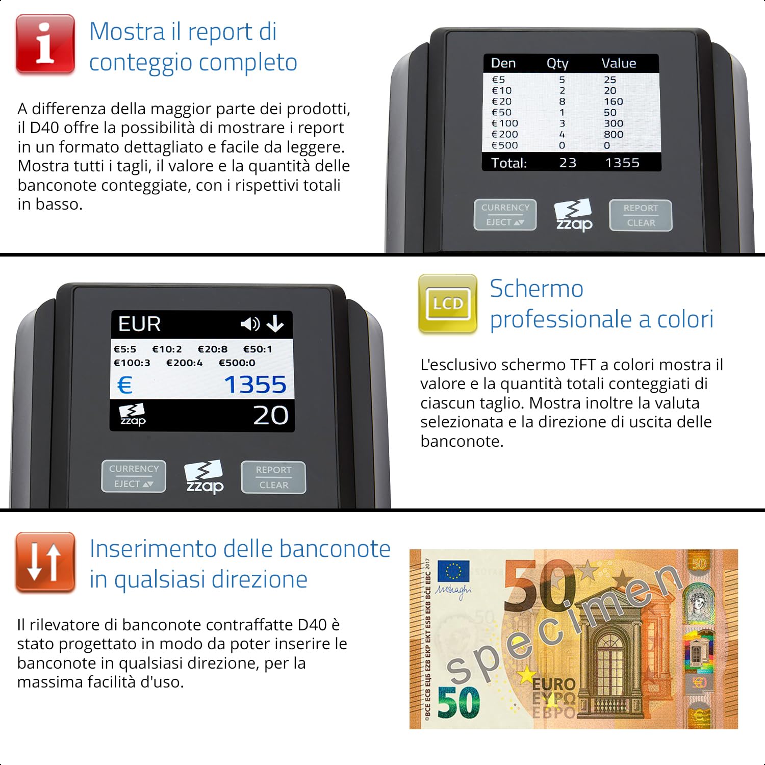 ZZap D40 Rilevatore di banconote false – preciso al 100%, Schermo a colori, 5 valute - Macchina per il controllo del denaro