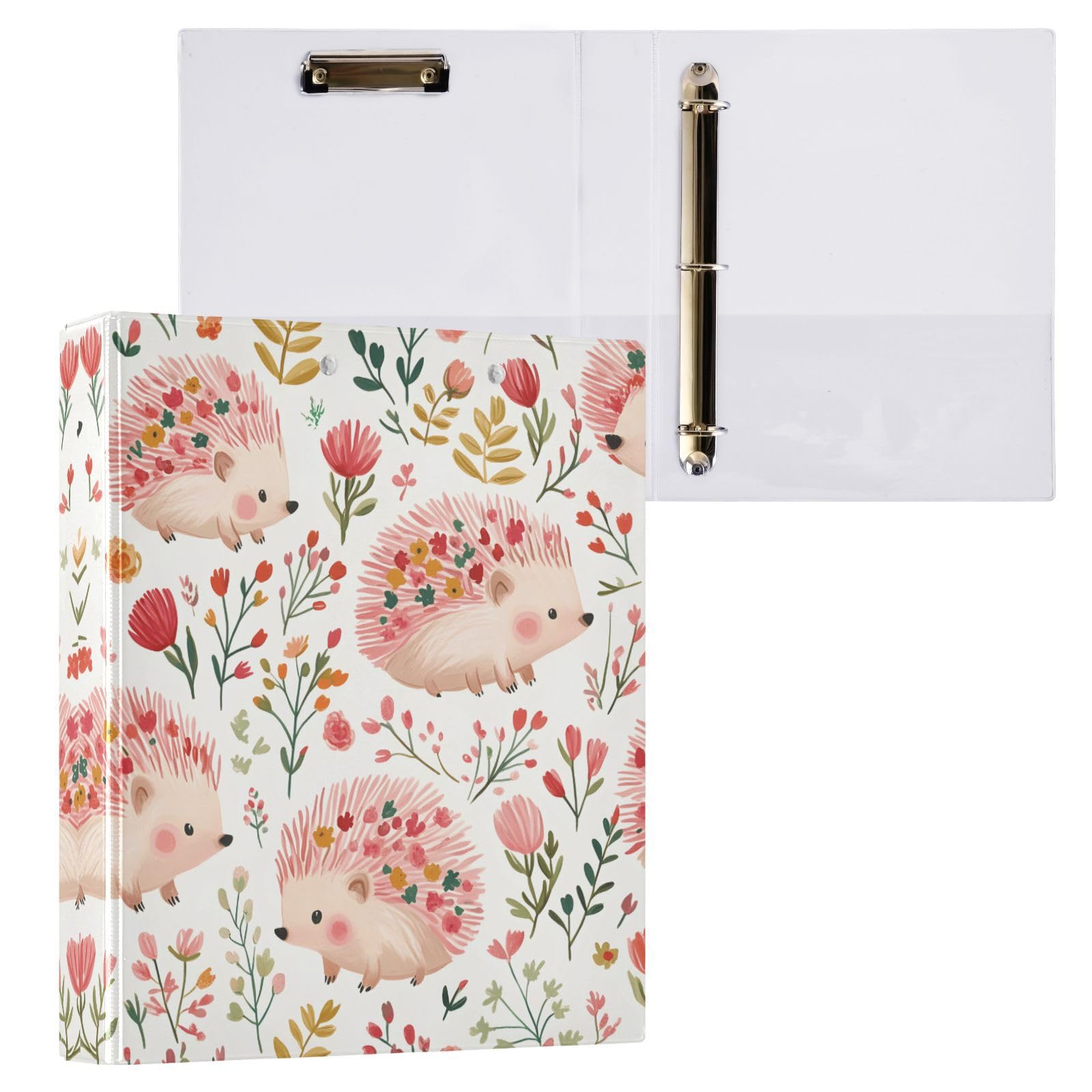 Confezione da 2 raccoglitori a 3 anelli, con foglie floreali e riccio, 3,8 cm, con 3 tasche trasparenti, portablocco e contiene 200 fogli, per ufficio, scuola, organizzazione della casa
