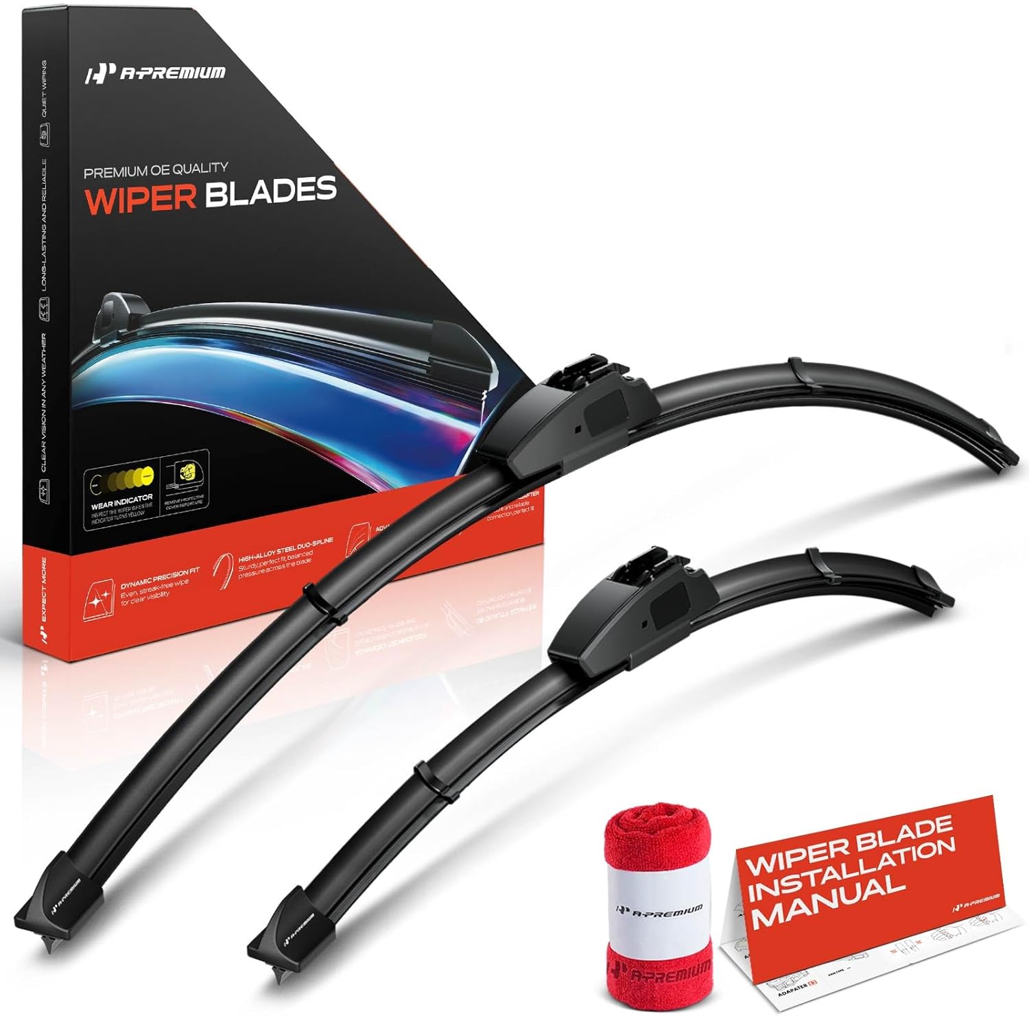 A-Premium Pack of 2 Windshield Wiper Blades with Wear Indicator & Towel - Compatible with Toyota Prius 2004-2009, Highlander 2020-2024, Crown 2023-2024 - 26" and 18", Hook Connector