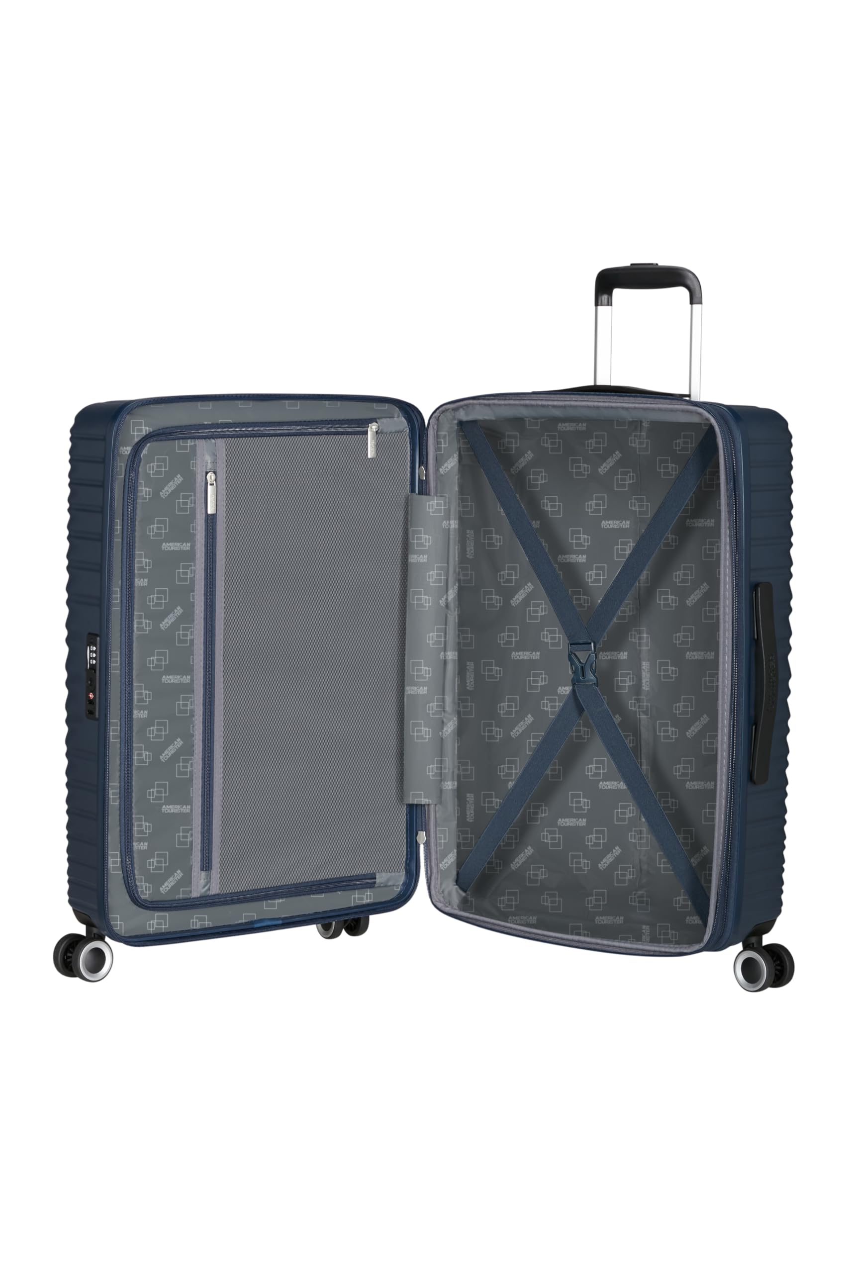 American Tourister Aerotech - Ensemble de 3 Bagages à Coque Rigide (Bagage à Main, Moyen, Grand) Ensemble de Chariot Extensible avec Serrure TSA - Bleu (Bleu Marine métallisé)