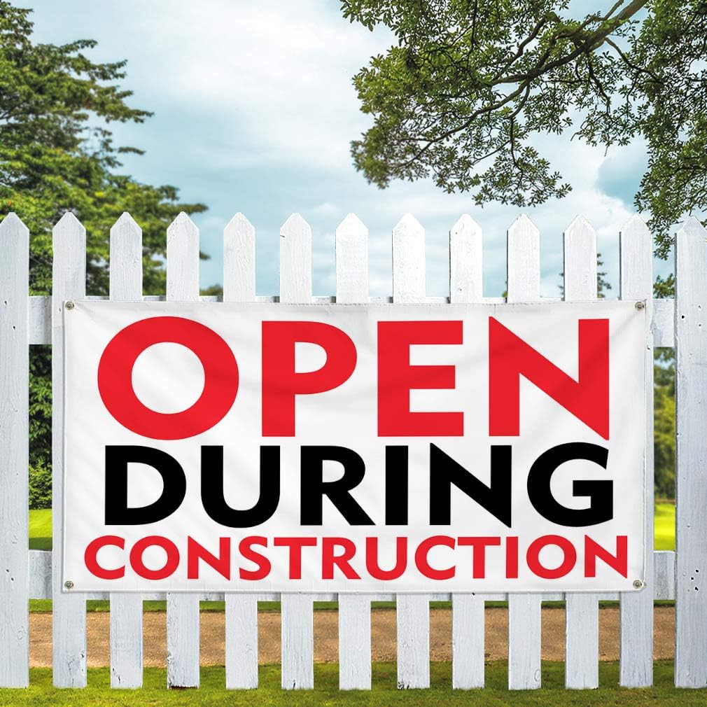 Vinyl Banner Multiple Sizes Open During Construction A Business Outdoor Weatherproof Industrial Yard Signs White 6 Grommets 36x72Inches