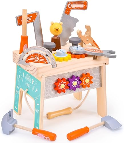 Atoylink Juego de herramientas de madera para niños pequeños banco de herramientas de simulación Montessori juguetes de construcción educativos para