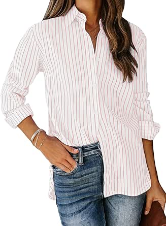 Women's Pink & White Striped Button-Down Shirt – Long Sleeve | Casual & Office Wear