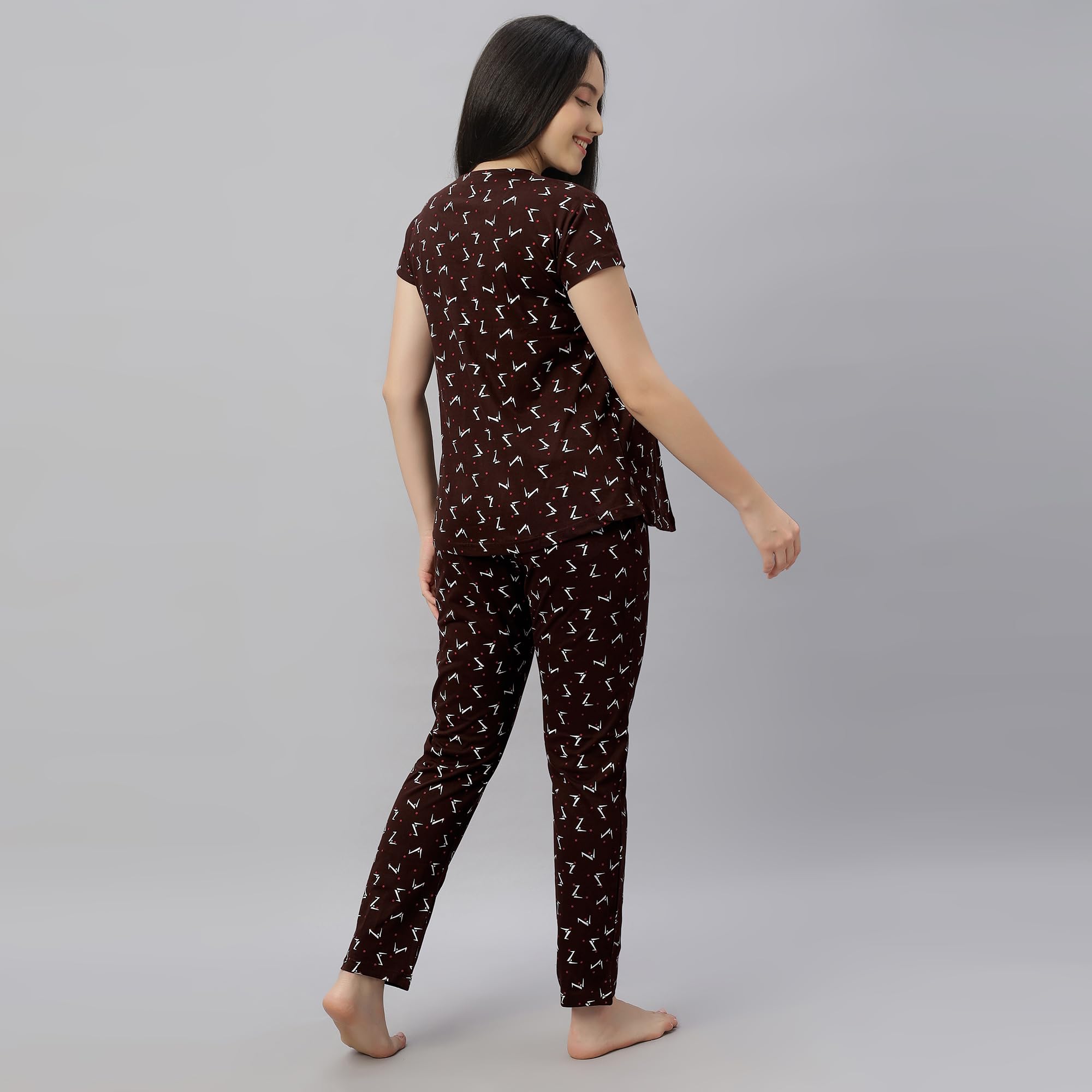 DZZO New Women's Cotton Printed Maternity Night Suit | Comfortable Feeding Night Dress | for Breathable Nursing Pajama Set | Color - Coffee, Size - M - Image 4 thumbnail