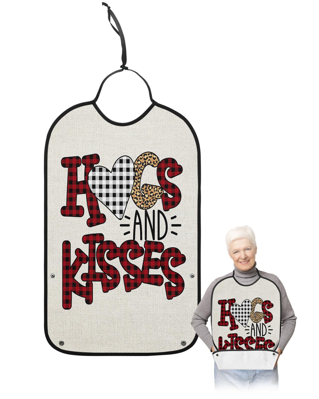 Valentine's Adult Bib for Eating with Crumb Catcher,Washable & Waterproof Terry Cloth Adjustable Elderly Women Men Adult Bibs Funny Apron Clothing Protector Farmhouse Retro Leopard Print Plaid