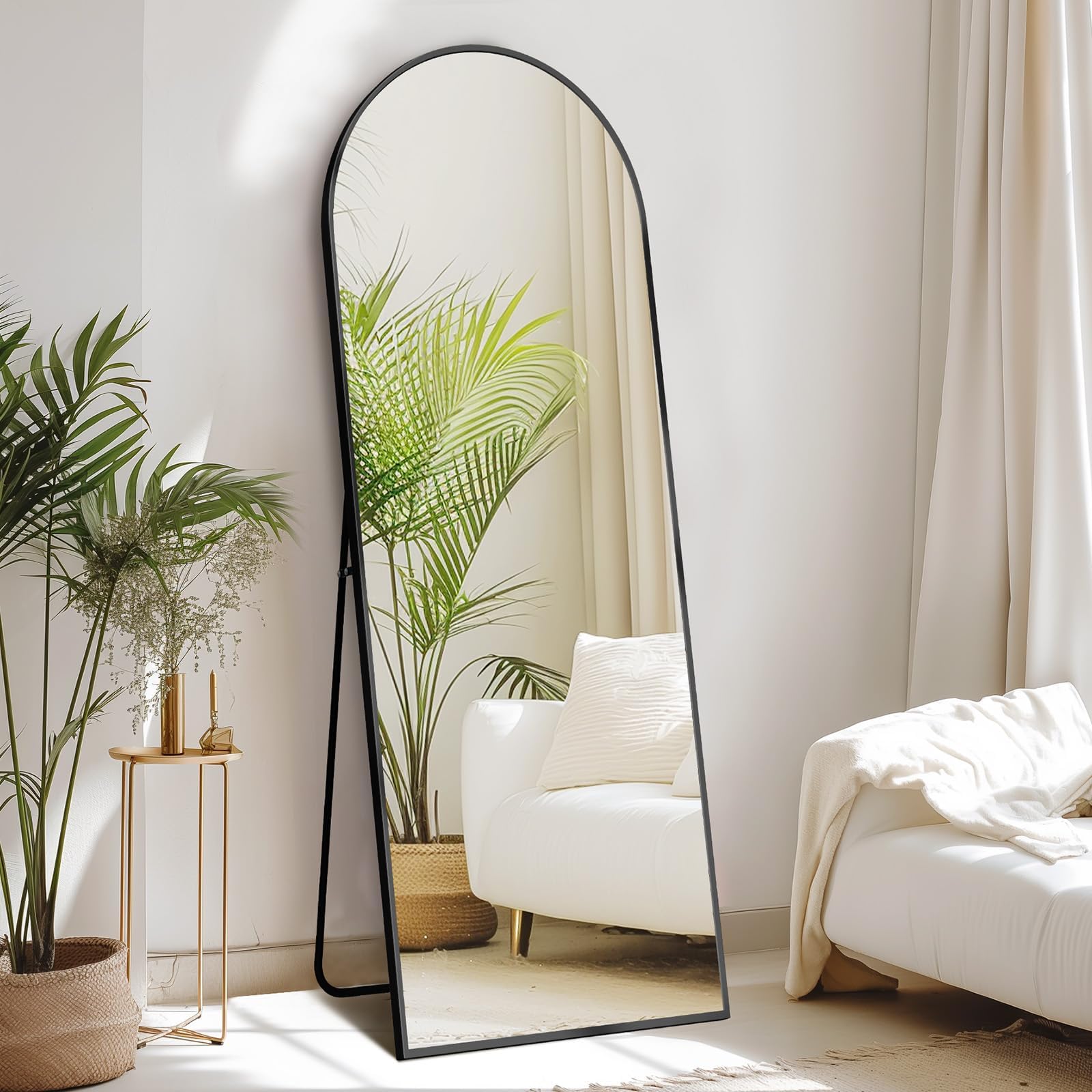 Sweetcrispy 64"x21" Arched Full Length Mirror, Standing or Leaning Full Body Mirror with Aluminum Alloy Thin Frame, Suitable for Bedroom or Cloakroom,Black