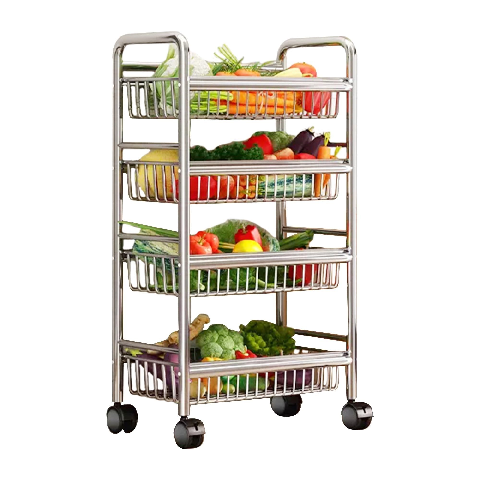 Stainless Steel 304 Kitchen Cart with Wheels Multi-Functional Rolling Utility Trolley Mesh Basket &amp; Pantry Shelf for Fruits Vegetables Onions &amp; Potatoes Storage,A-49 * 32 * 100cm