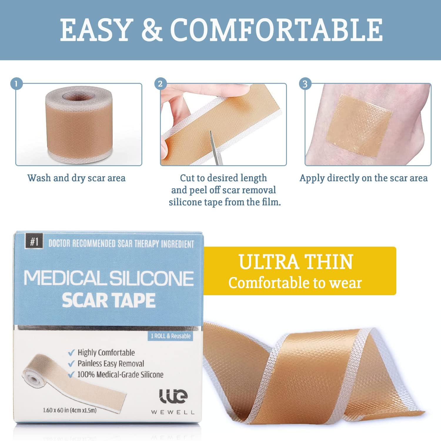 Wewell Silicone Scar Removal Tape, Advanced Silicone Scar Sheet, Scar Removal Sheets Effective