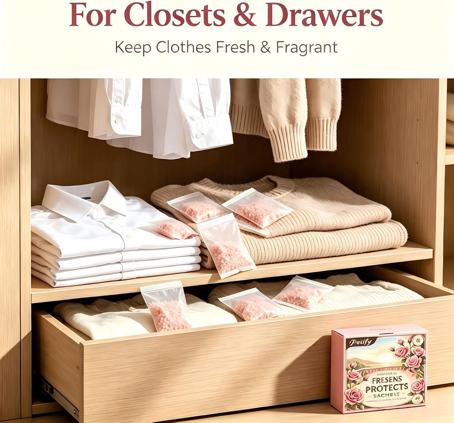 Scented Sachets for Drawers and Closets, 48 Pack Rose Closet Freshener