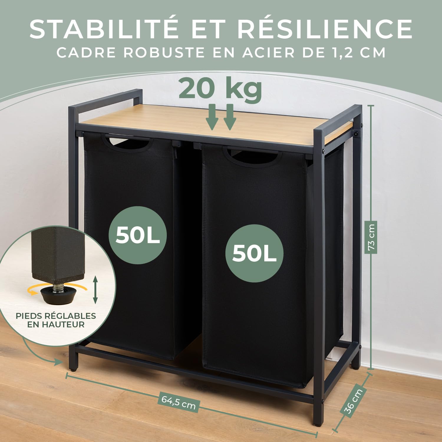 Blumtal panier a linge 2 compartiment - paniere a linge sale 2 compartiments - meuble de salle de bain avec effet bambou - étagère en métal - bac deux sections avec cadre métallique sur pieds - noir