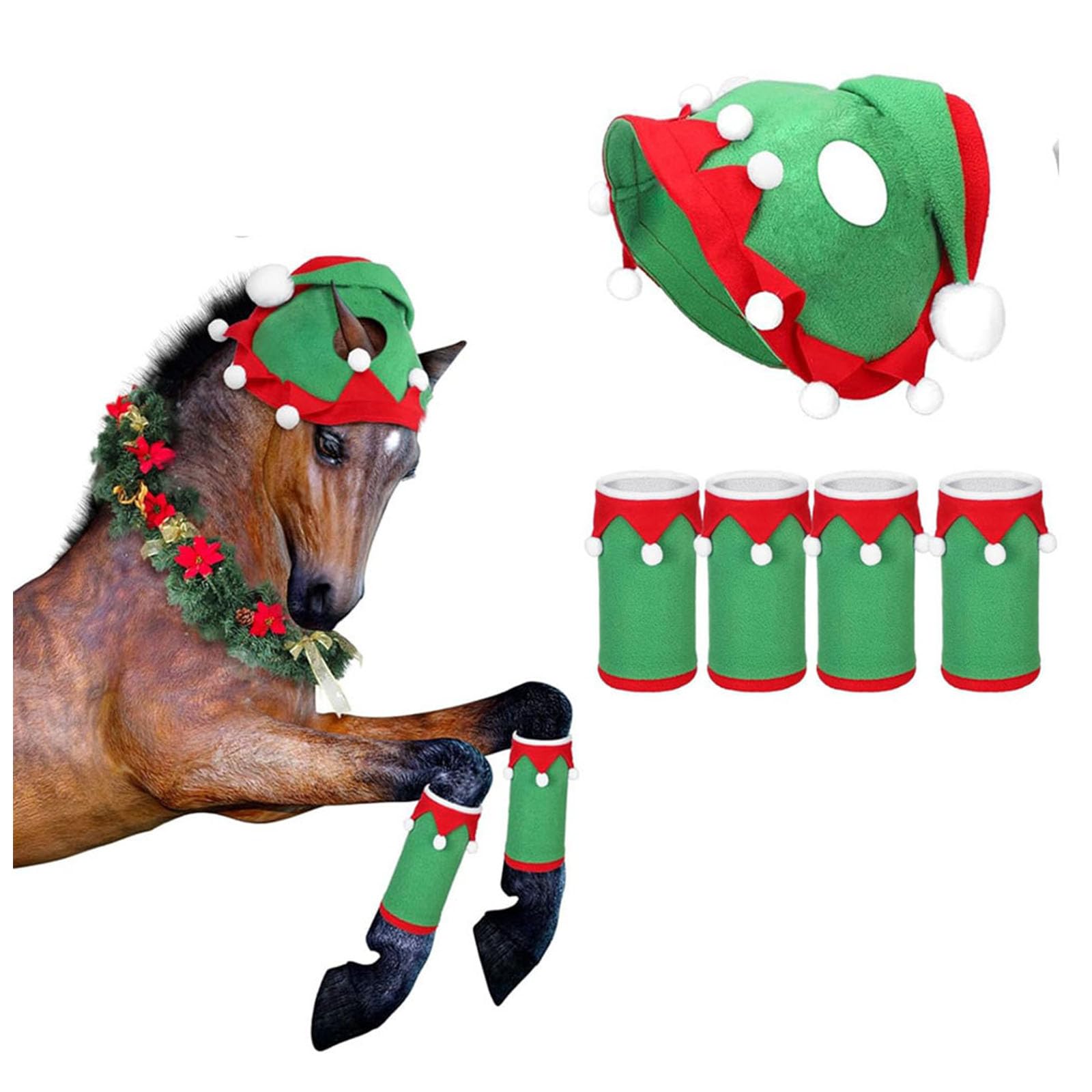 Christmas Costume for Horses to Wear, Santa Hat for Horse Christmas Horse Ornaments Pet Costumes Santa Horse Hat Winter Xmas Holiday Party Accessories (B-hat+leg wraps)