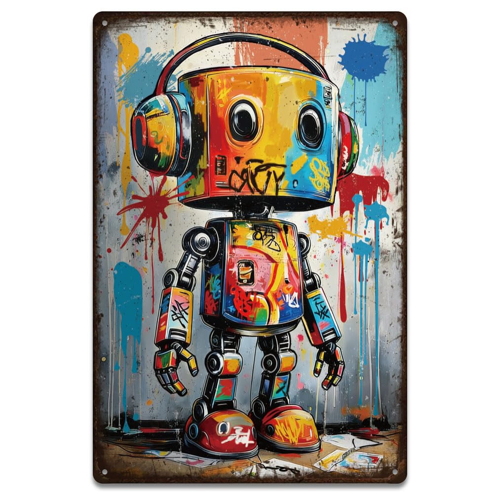 SUPERDANT Metal Signs Graffiti Robot Tin Signs Cyberpunk Wall Art Iron Street Style Plaque Pre Drilled For Garage Bar Living Room Decor Gift 20x30cm