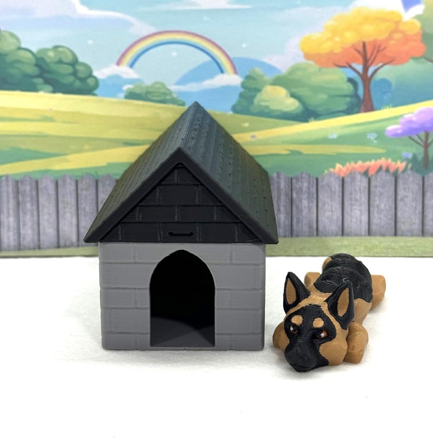 3D Printed Dog with Dog House, Articulated German Shepherd Puppy Animal, Man's Best Friend, Fidget Animal Toy, Office and Home Decor - AD-SET3 (Dog with Gray and Black House)