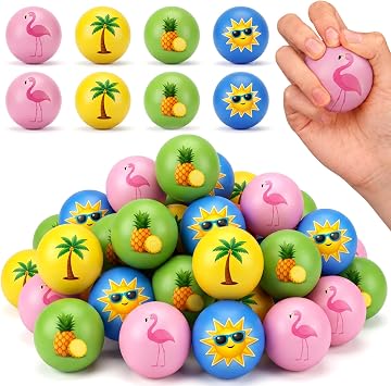 Meooeck 24 Pcs Summer Hawaiian Beach Stress Balls Bulk 1.57 Inch Tropical Relief Squeeze Fidget Toys Pineapple Flamingo Balls Toys for Kids Adults Mini Foam Anxiety Sensory Summer Luau Party Favors