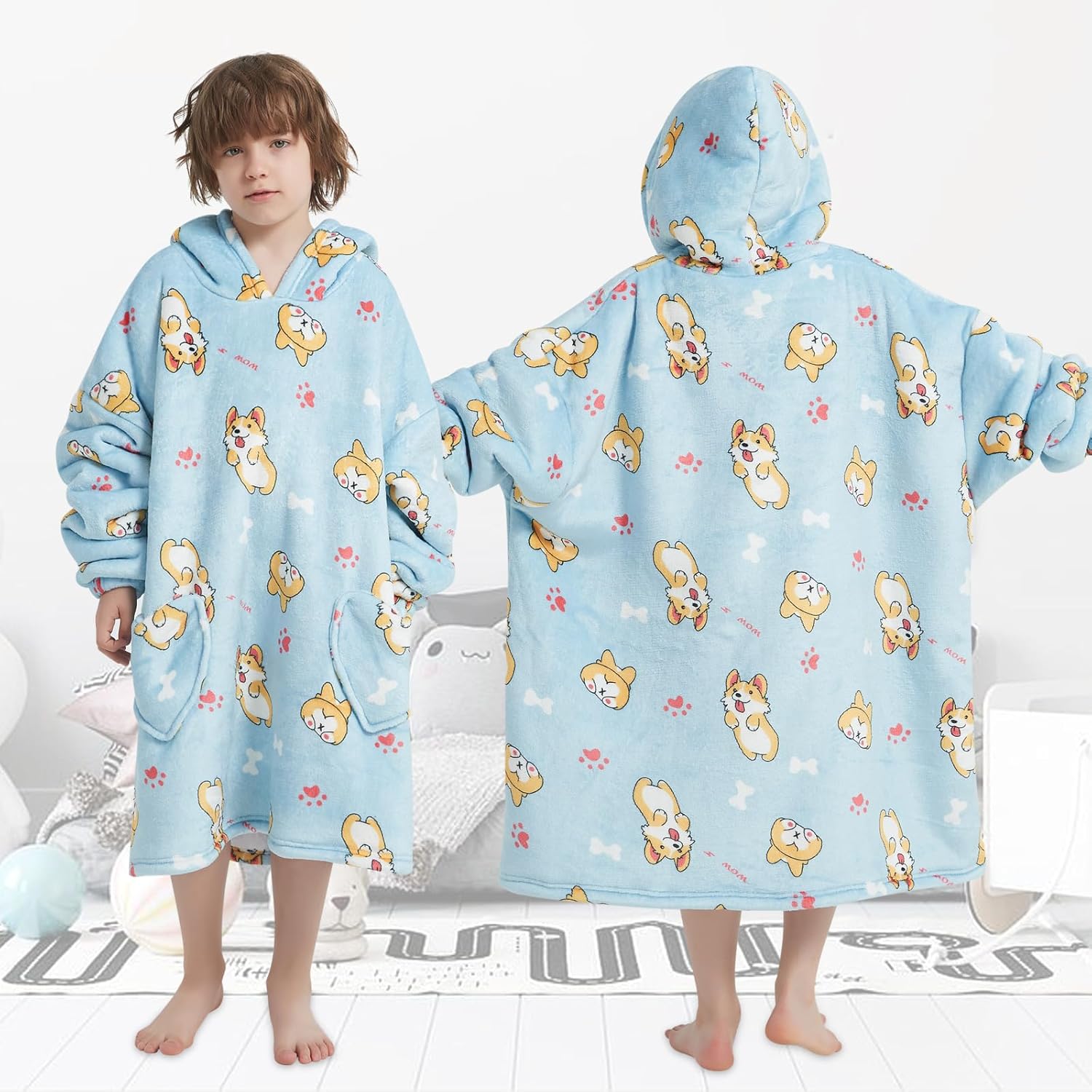 Fiosnow Corgi Blanket Hoodies for Kids 6-13YR Oversize Wearable Blanket Hoodies for Boys Girls Teens - Image 4