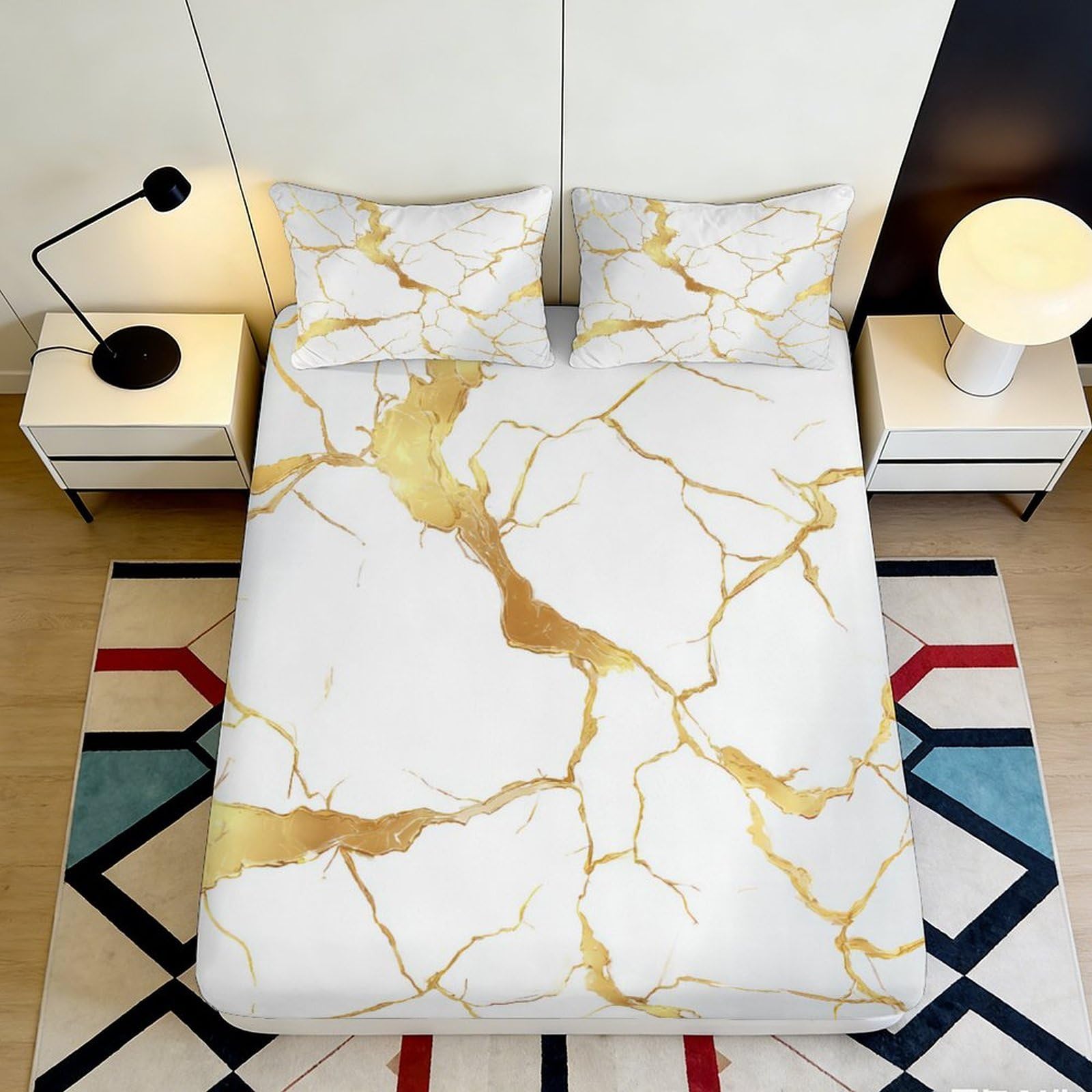 3D Printed Marble Gold Vein Fitted Sheet Microfiber Bedroom Decor Bed Cover for Home Guest Room Dustproof Easy Care 90x200x25cm