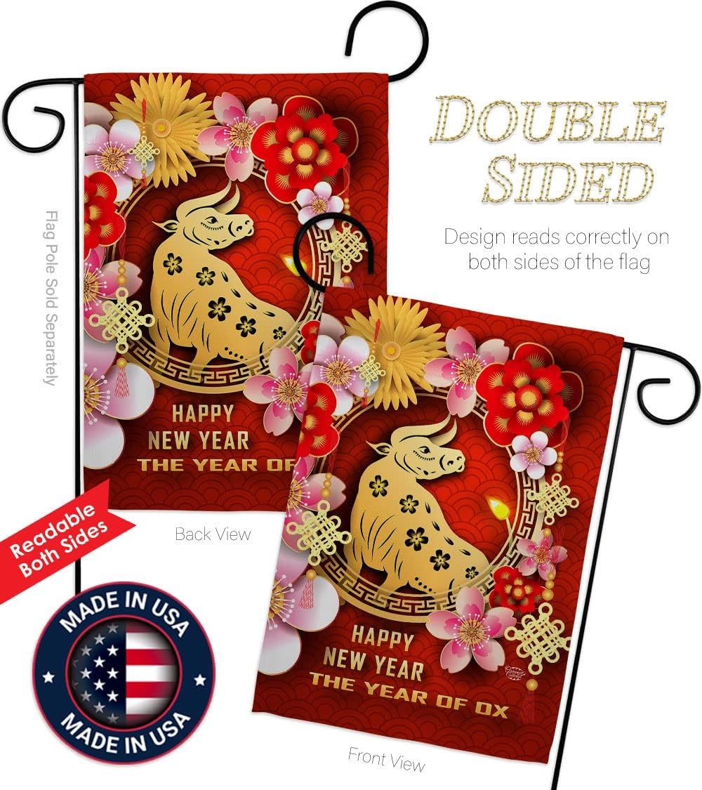 Year of Ox Garden Flag Set Wall Hanger Winter Lunar New Good Luck Prosperous Seasonal Arrival Blessing House Decoration Banner Small Yard Gift Double-Sided, Made in USA, garden flag 13"x 18.5"