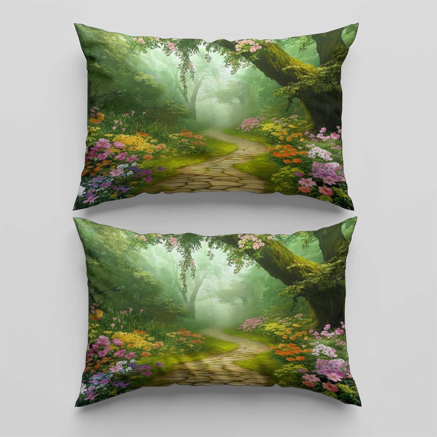 Colorful Flowers Reversible Duvet Cover Queen, Forest Path Comforter Cover, 3 Pieces Super Soft Bedding Set 91 X 91 Inches, with Zipper Closure & 2 Pillow Shams 20 X 30 Inches