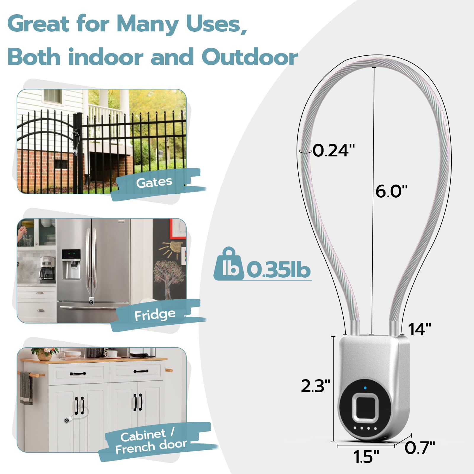 Câble antivol à empreintes digitales avec anse longue épaisse de 15,2 cm - Cadenas Bluetooth biométrique biométrique intelligent pour extérieur - Étanche - Pour portail, clôture,