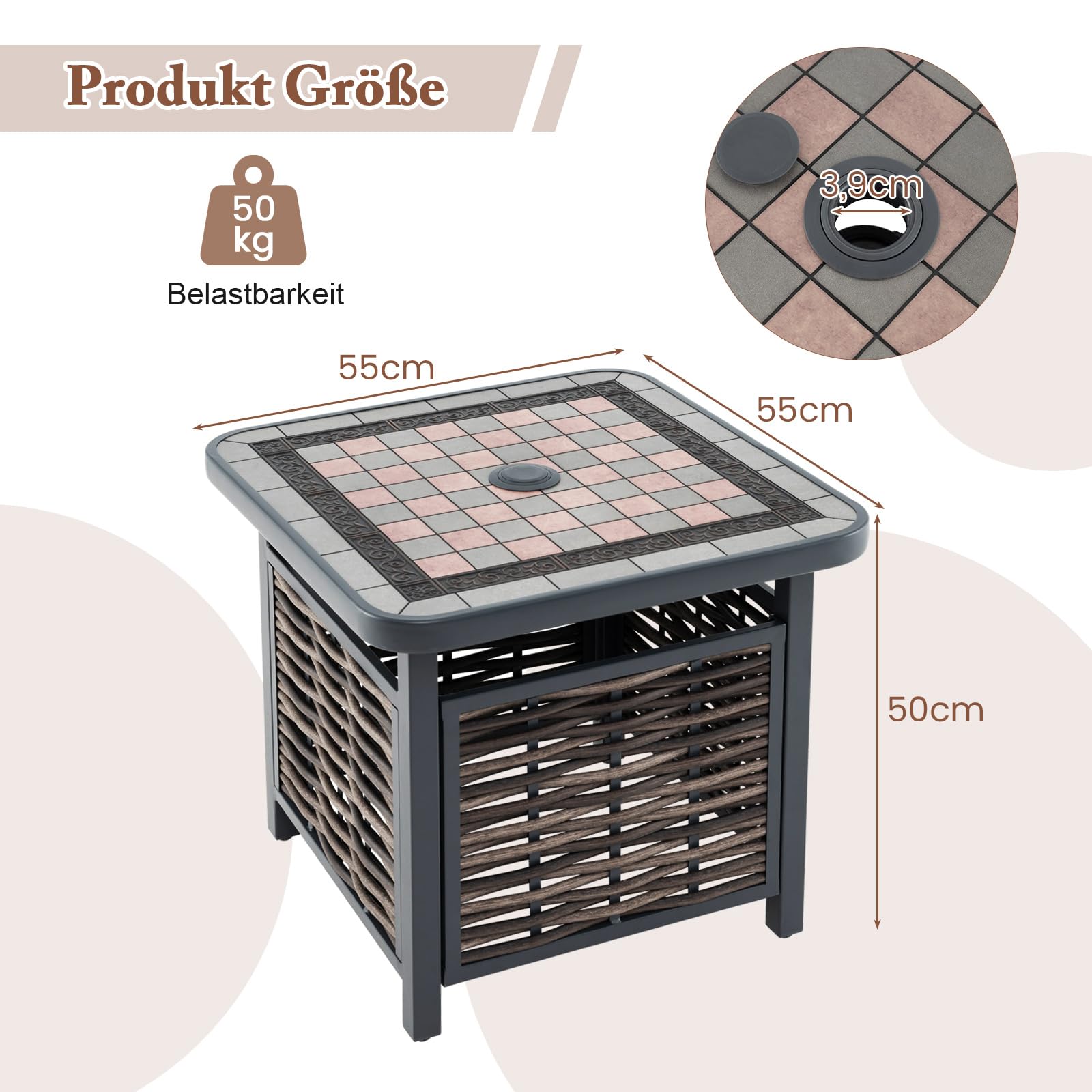 GOPLUS Polyrattan Beistelltisch, Gartentisch quadratisch mit 3,9cm Schirmloch & Schachbrettmuster, Balkontisch Bistrotisch wetterfest, Terrassentisch klein Outdoor für Garten Hof Balkon Pool