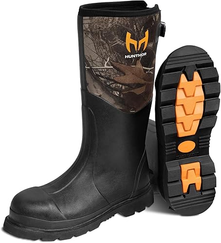 Hunthor Botas de trabajo de goma, botas de goma con punta de acero para hombres, botas de caza de goma impermeables de neopreno de 0.236in para