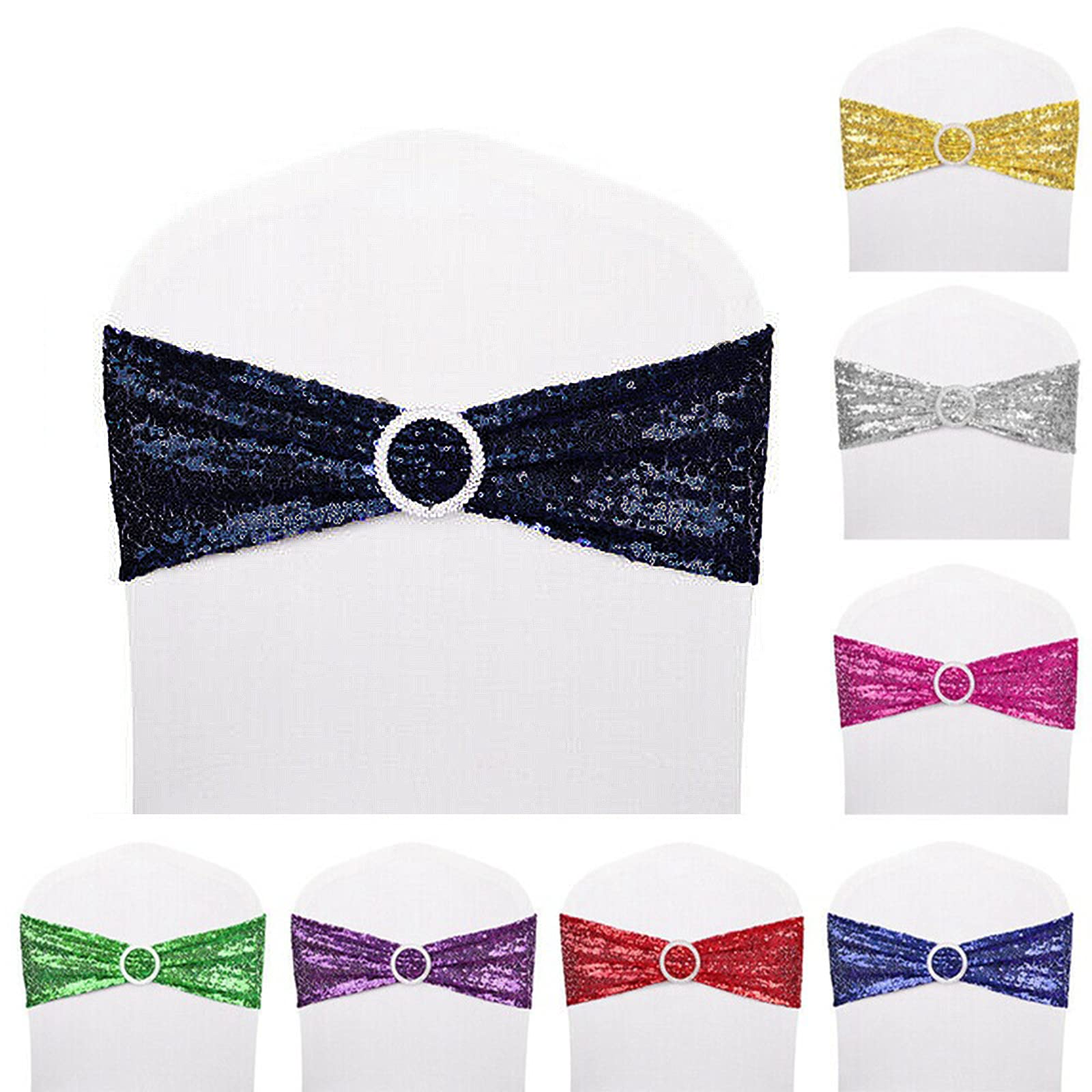 Condition photo showing New/Like New for 25 pcs stretch sequin chair sashes chair stretchy spandex bands for wedding reception events banquets chairs decoration (navy)