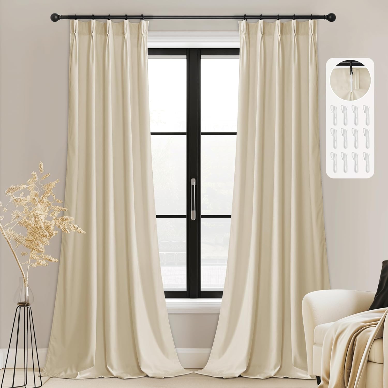StangH Pinch Pleated Velvet Beige Curtains for Bedroom, Super Soft Block Light Privacy Room Divider Back Tab Energy Efficient Window Drapes for Living Room Sliding Door, W38 x L84, 2 Panels Beige 38"W x 84"L (Pack of 2)