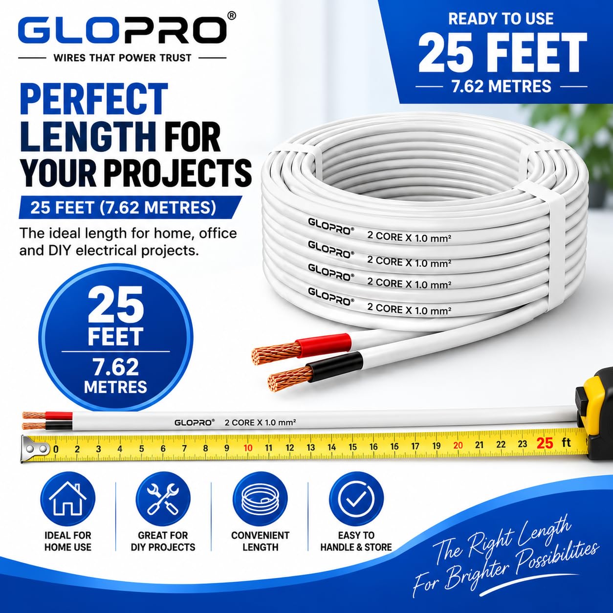 Glopro 25ft Copper Wire - Electrical Extension -2 Glopro 25ft Copper Wire - Electrical Extension -2