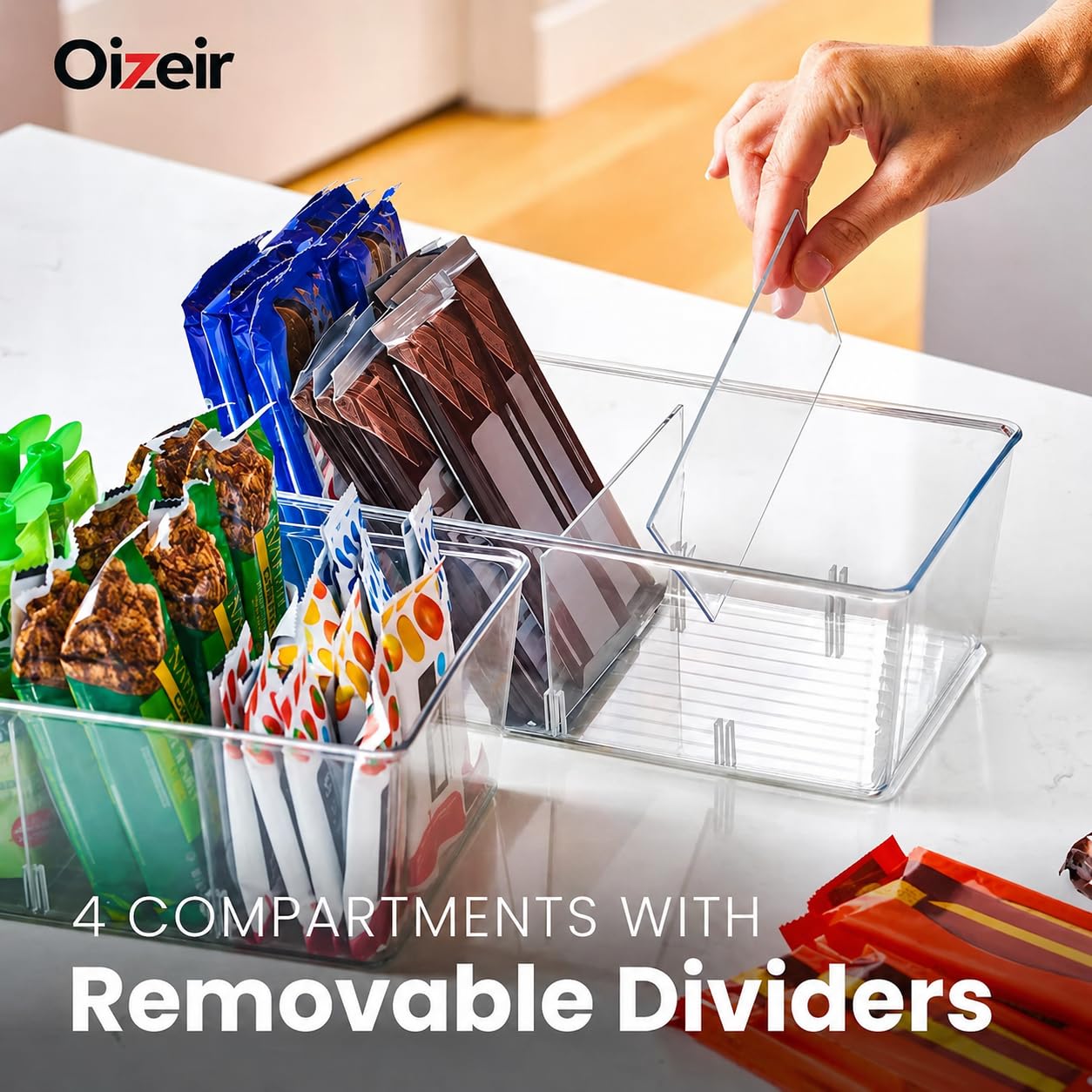 Oizeir Paquete de 4 cubos organizadores transparentes para despensa, organizador de nevera con 3 separadores extraíbles, organizadores y almacenamiento de despensa de cocina, armario de almacenamiento
