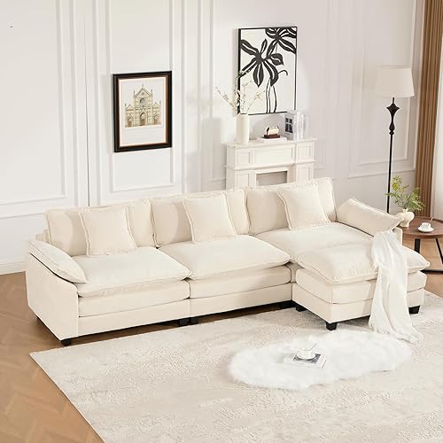 Miniatura 37 de Sofá seccional modular beige de 111.5", sofás seccionales grandes de 3 plazas para sala de estar, tela de chenilla marfil blanquecino, sofá nube de