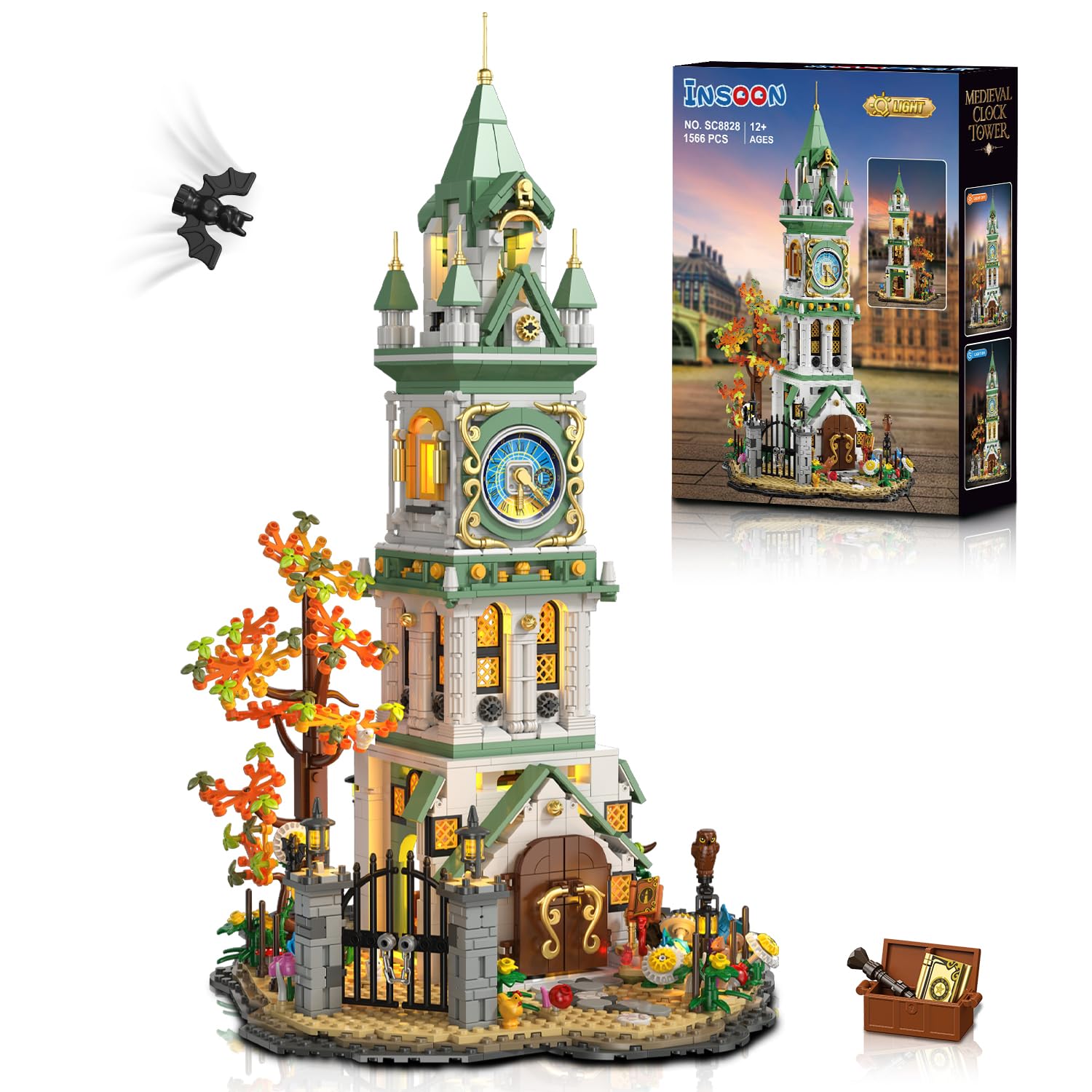INSOON Magic Clock Tower Construction Set with Lighting, 1566 Pieces Large Medieval Castle House Clamping Blocks with Owl & Garden, Adults, Teenagers, Boys, Girls from 12+
