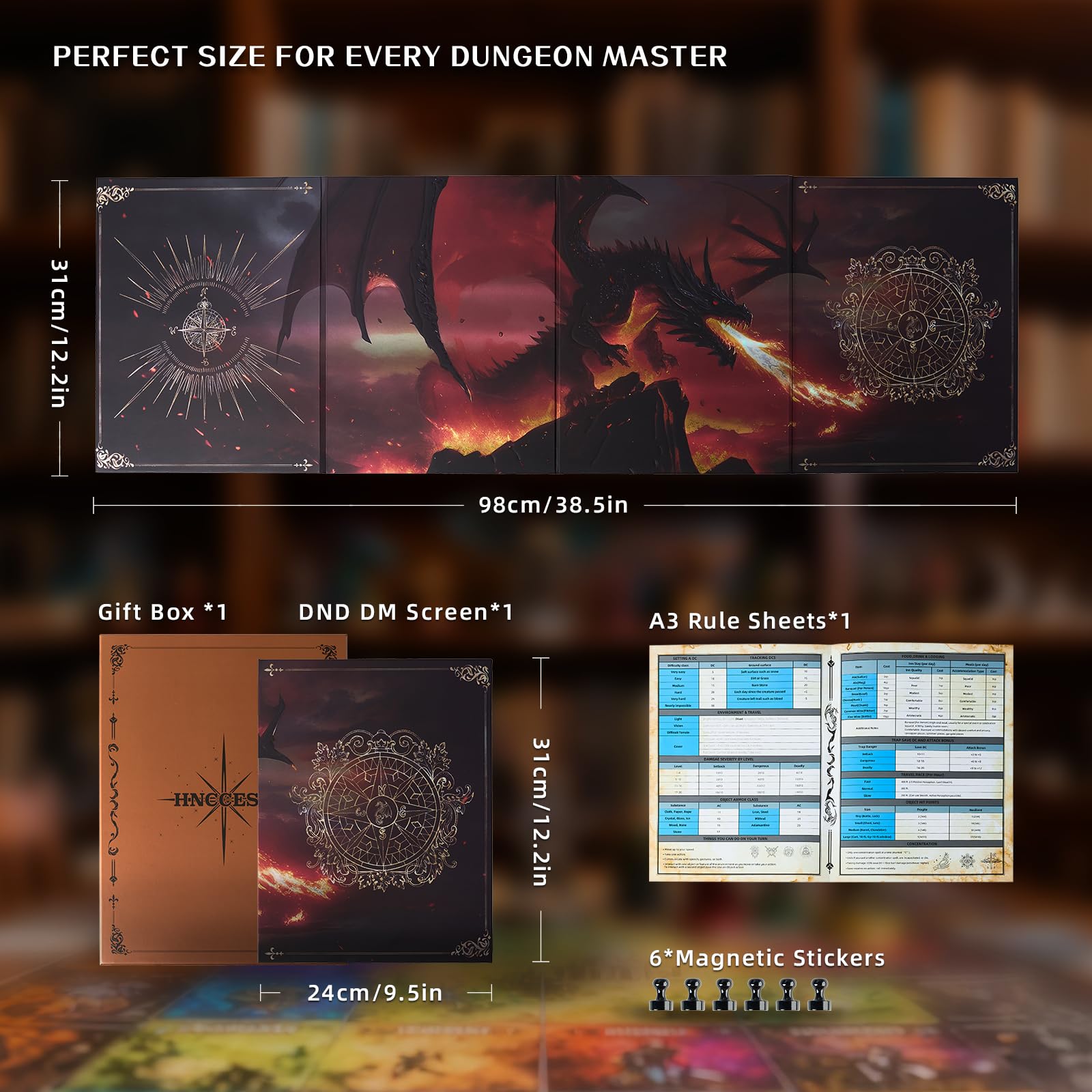 Magnetischer DM Screen 5e–3D-geprägter Dungeon Master Sichtschirm (4-teilig,faltbar & anpassbar)-Premium RPG Zubehör & Geschenk für Dungeon Masters,Männer & Freunde