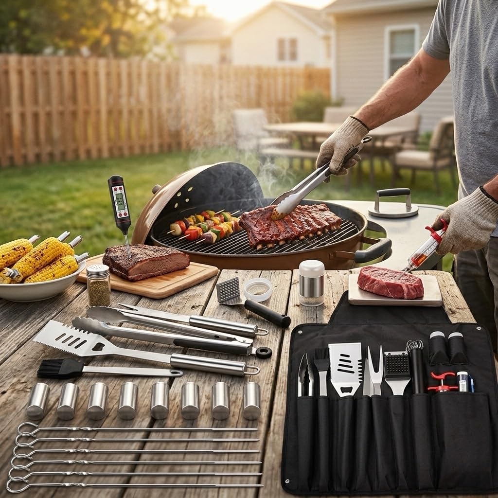 Set Accessori Barbecue 26 Pezzi, Kit Utensili Griglia in Acciaio Inox Robusto con Termometro, Seringa e Grembiule, Regalo Barbecue Perfetto per Uomo e Papà, Ideale per Grigliata all'aperto